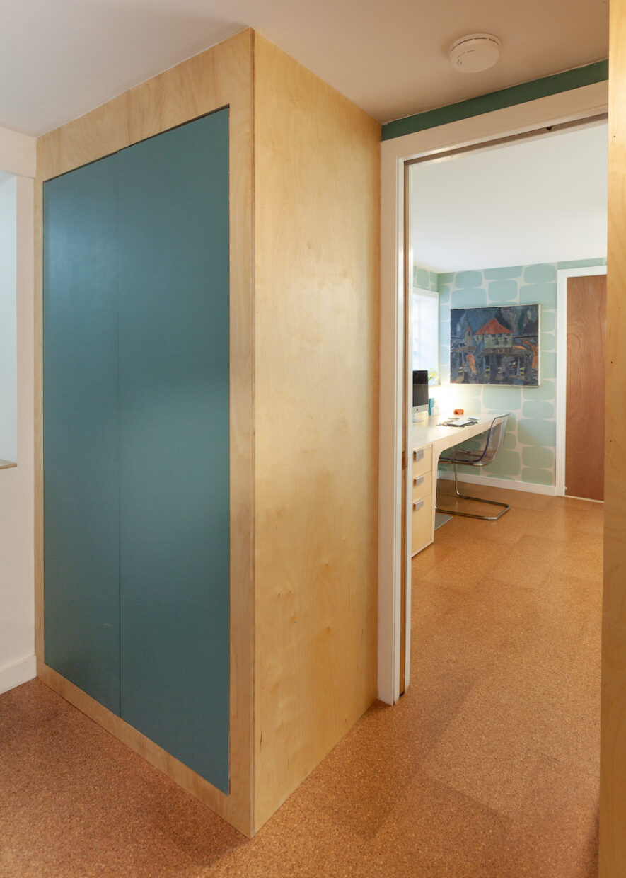 home-office-bedroom-interior-design-blue-teal-closet-doors
