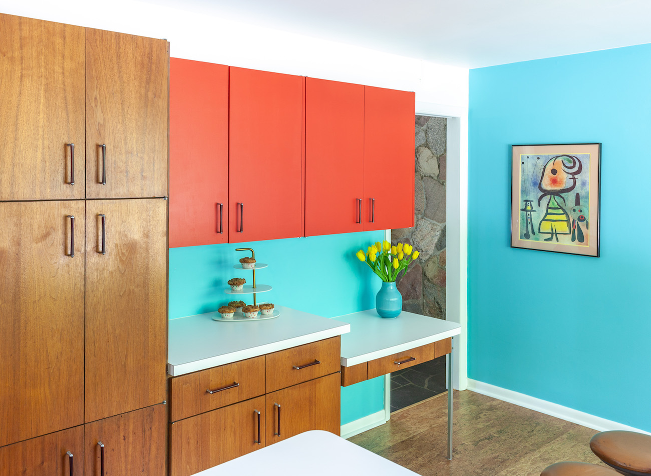 red-cabinets-teal-blue-wall-kitchen-design