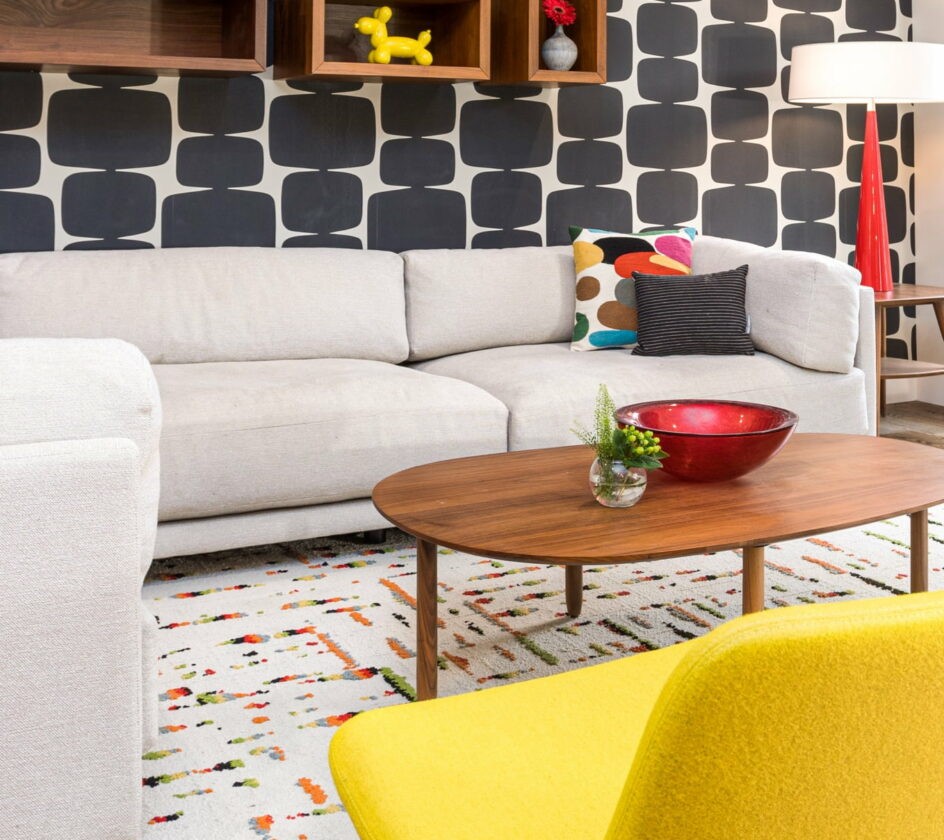Colorful Living Room Design Black And White Wallpaper Yellow Chair