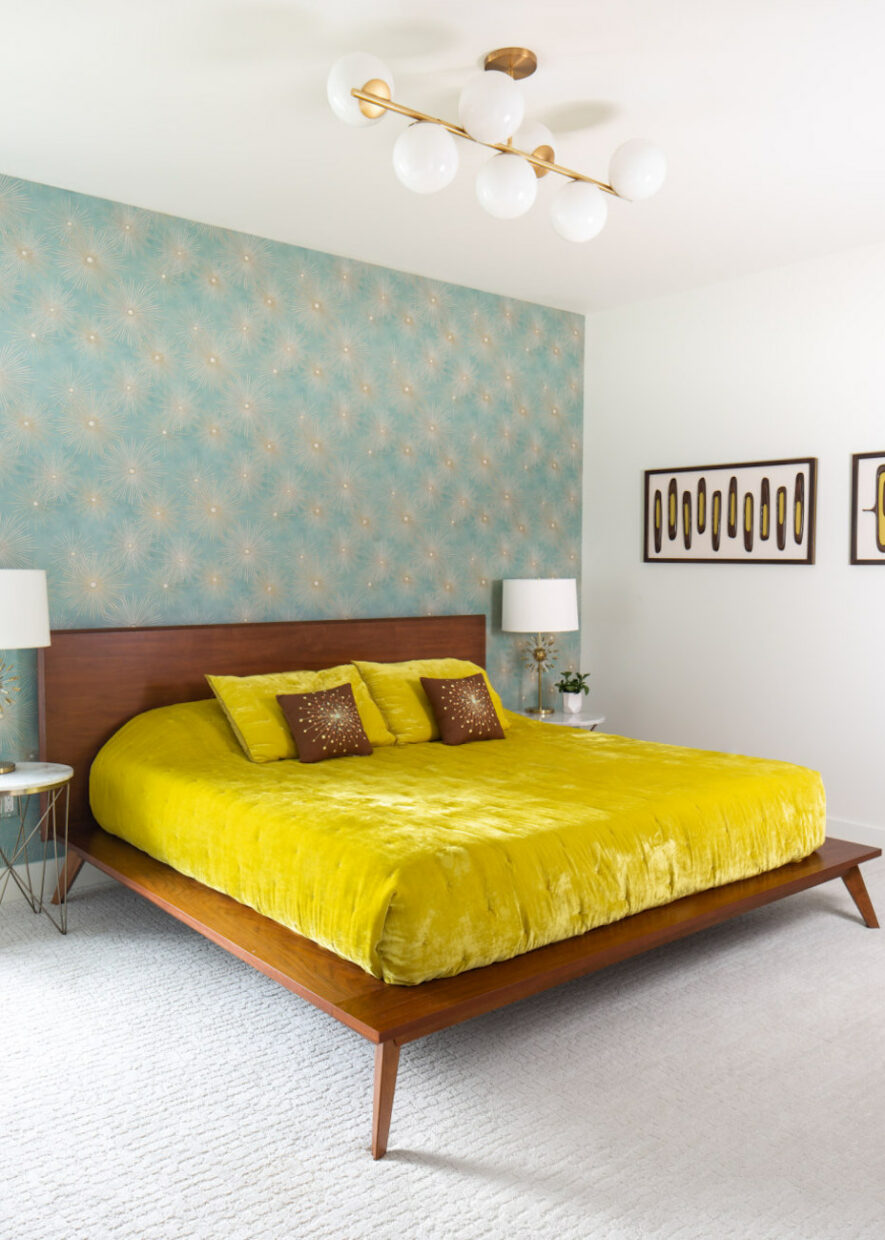 midcentury-modern-bedframe-design-accent-wall-yellow-bedspread