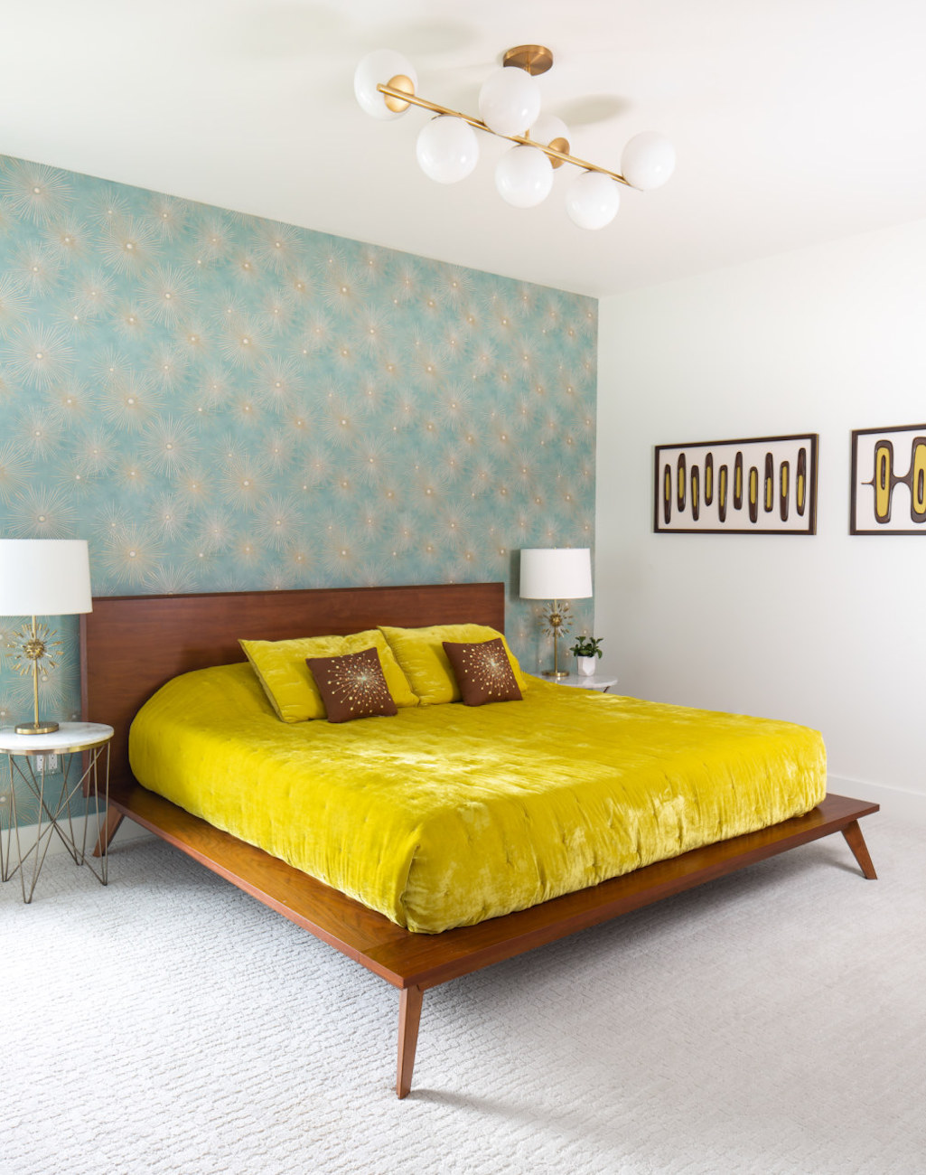 midcentury-modern-bedframe-design-accent-wall-yellow-bedspread