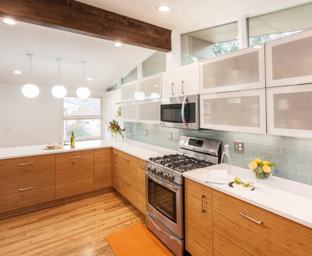 Mid Mod Kitchen with custom Semihandmade cabinet doors