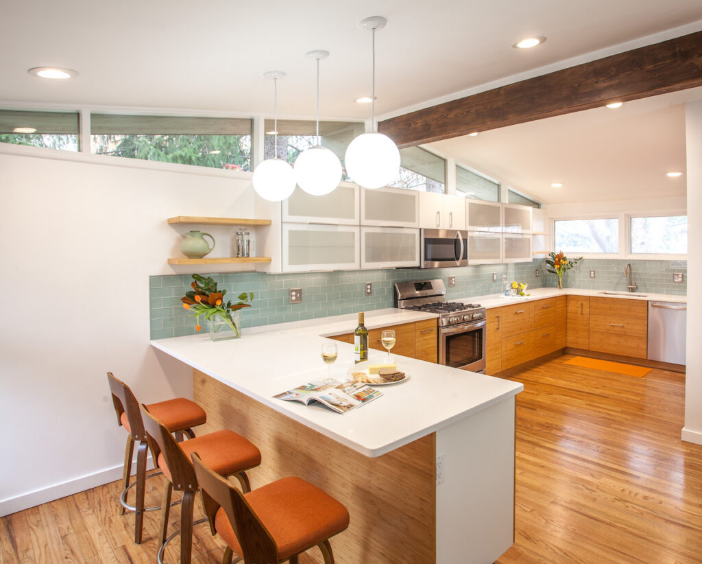 Mid Mod Kitchen with custom Semihandmade cabinet doors