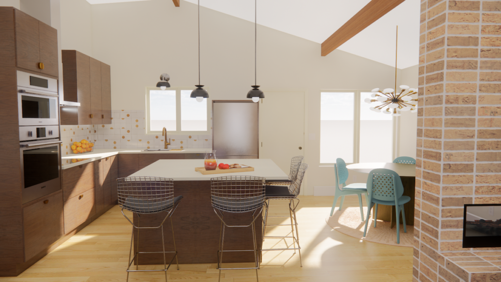 Rendering of midcentury kitchen remodel using Modern Twig cabinets.